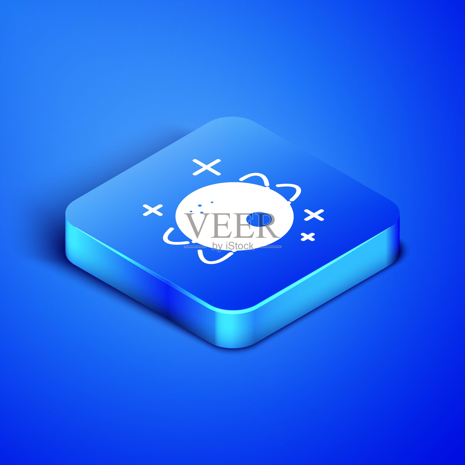 等距行星图标孤立在蓝色背景。蓝色方块按钮。矢量图插画图片素材