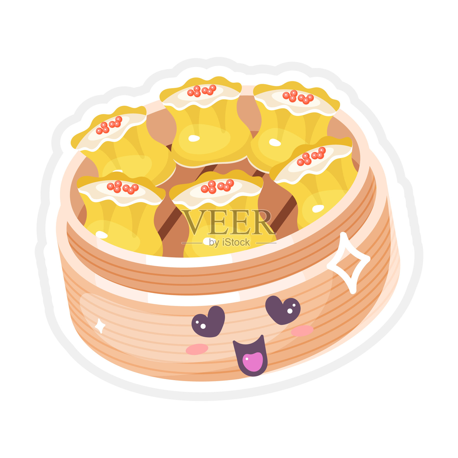 中国点心可爱可爱的向量字符集。微笑的亚洲菜。东方的传统美食。饺子和鱼子酱。有趣的emoji,表情符号。独立卡通彩色插图插画图片素材