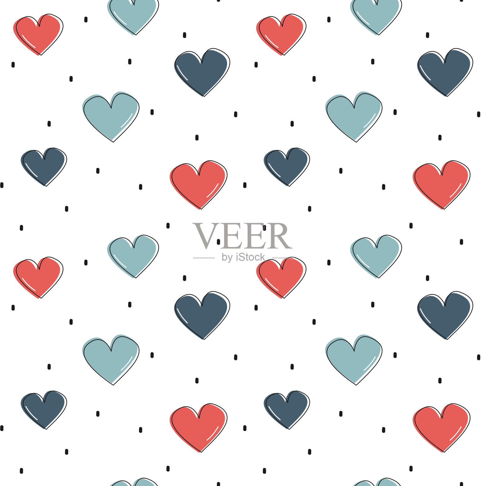 可爱的蓝色和红色心形浪漫无缝矢量图案背景插图插画图片素材