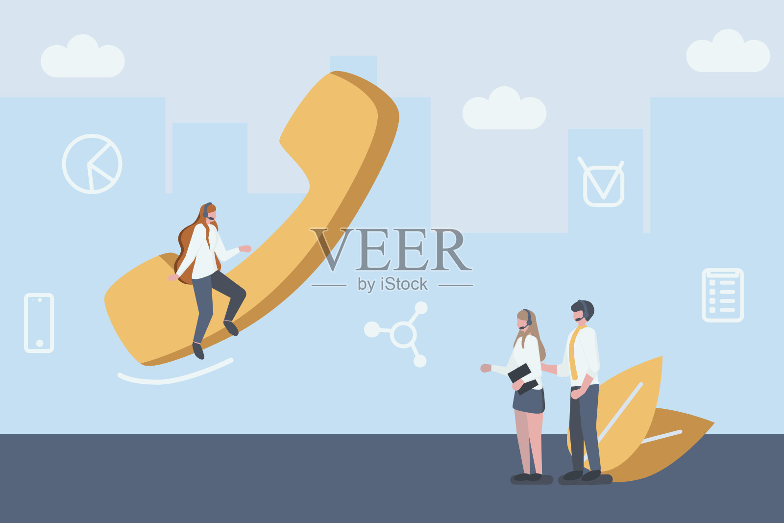 客户服务，24/7在线全球技术支持，客户和运营商，大型手机与呼叫中心运营商。平的风格。矢量插图。插画图片素材