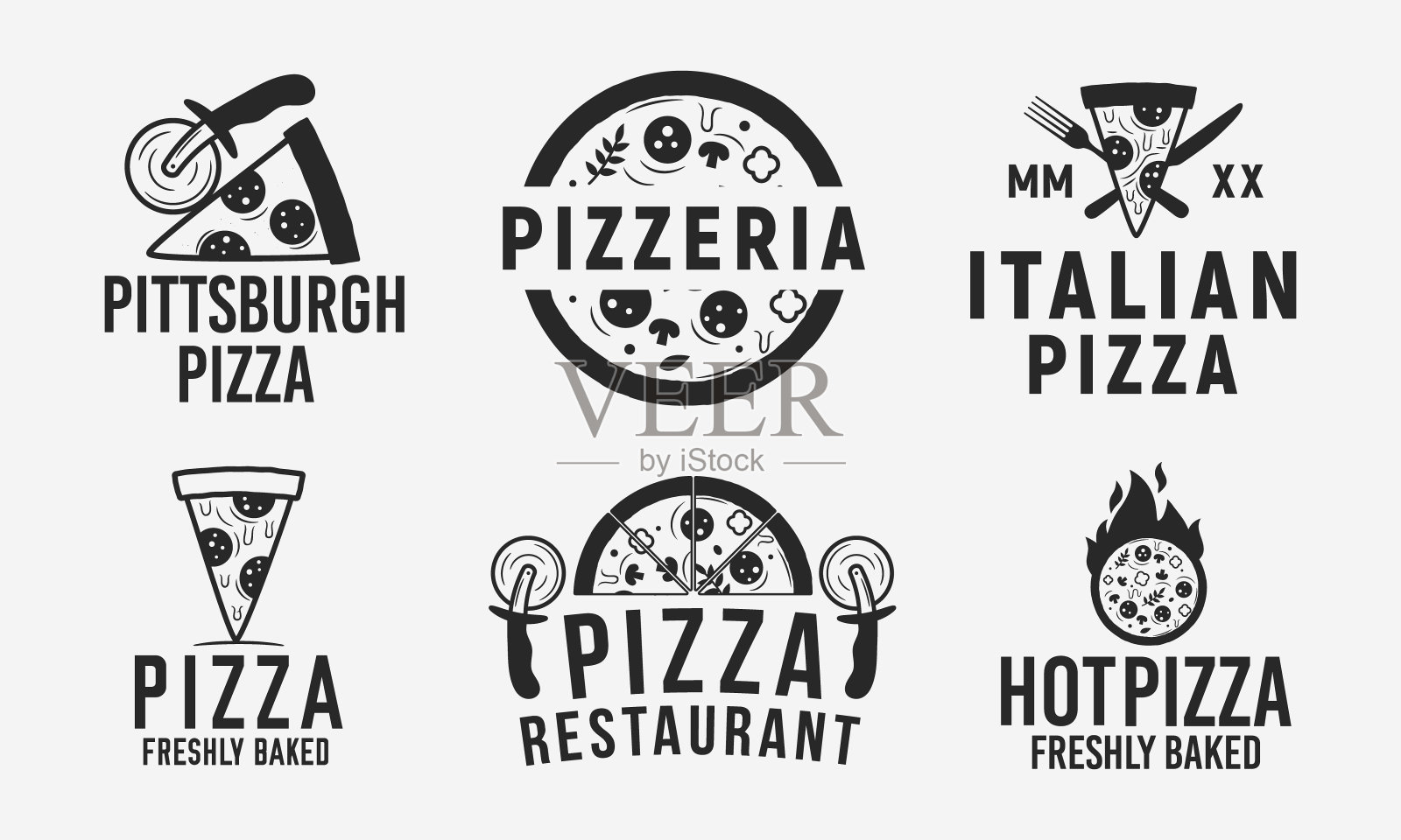 收集6个披萨标志，标志，标签和徽章。披萨店，披萨屋，咖啡馆，餐厅。矢量标志模板。插画图片素材