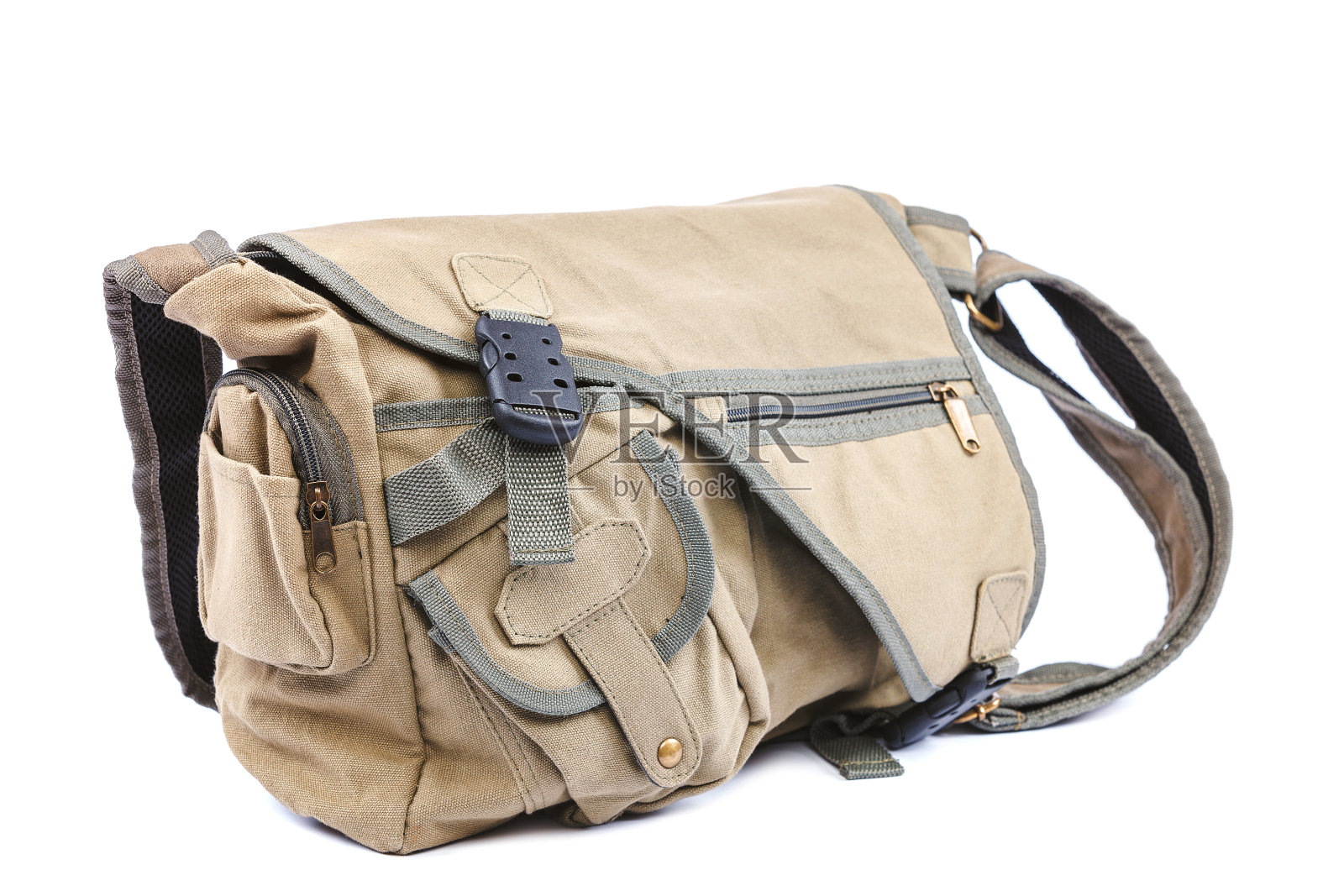 舒适的织物运动袋在白色的背景。照片摄影图片