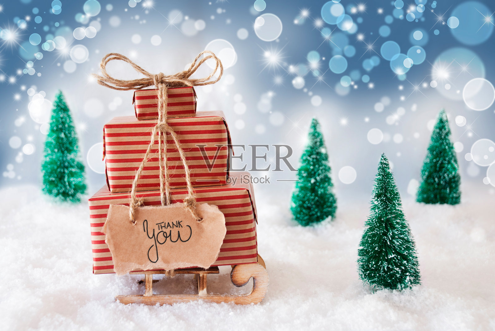 雪橇，礼物，雪，谢谢你，蓝色背景照片摄影图片