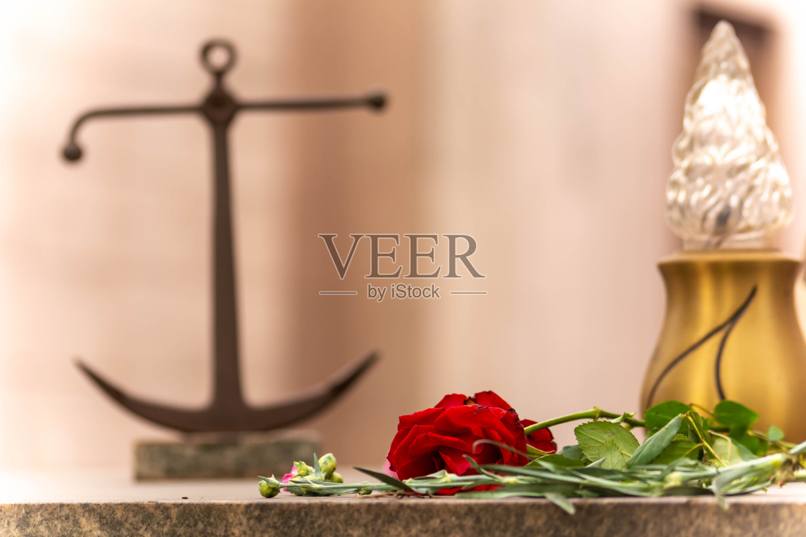 模糊背景下的意大利公墓坟墓上的锚和一朵红玫瑰照片摄影图片