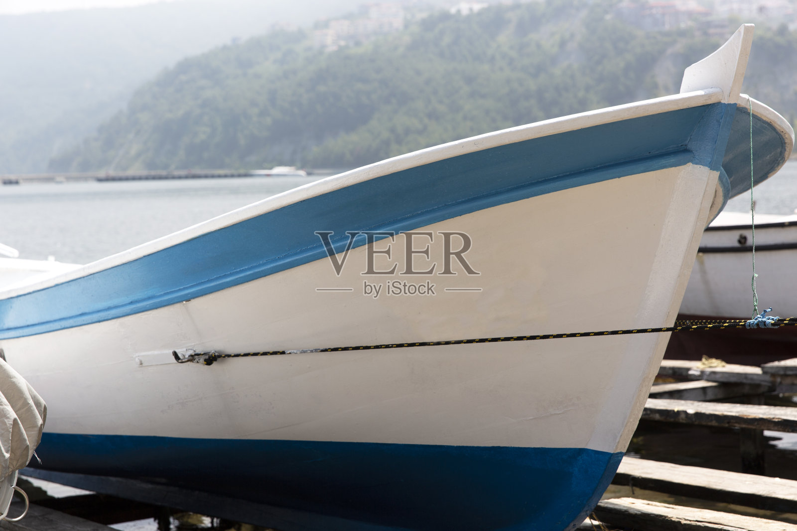 在土耳其，靠近渔船的Bartin Amasra海岸有树木、大海和天空照片摄影图片