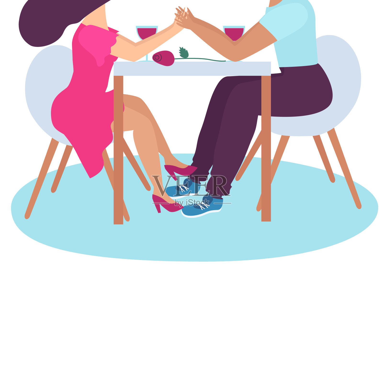 情侣晚餐插画：红酒与玫瑰插画图片素材