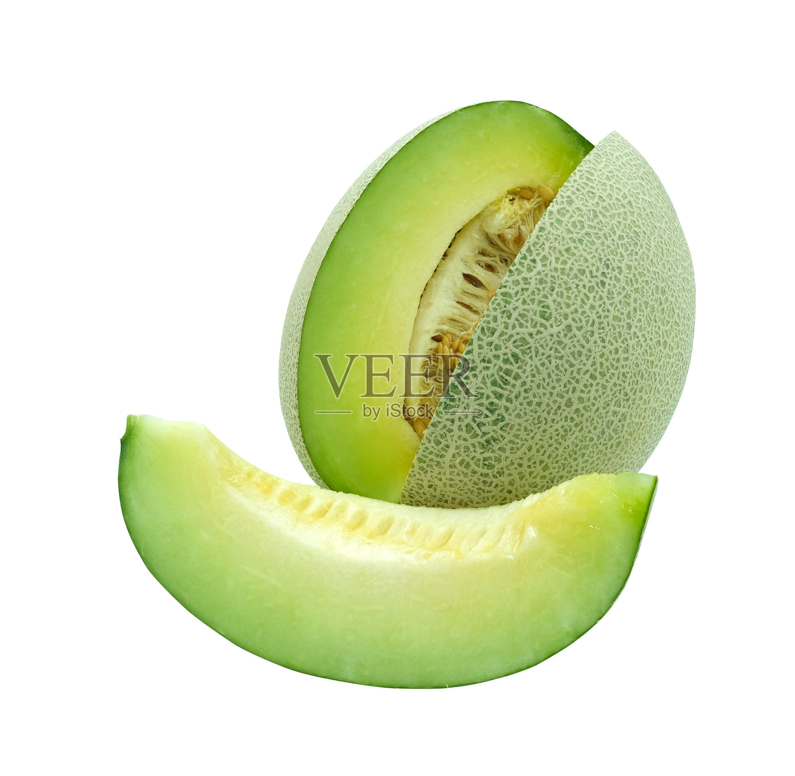 新鲜哈密瓜果片，带切割路径，白色背景照片摄影图片