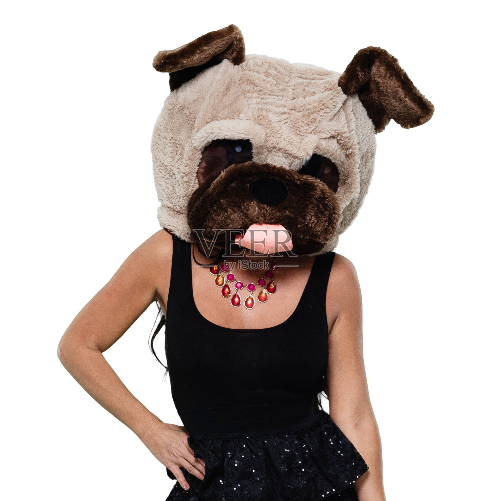 正面视图/一个人/腰部以上/ 20-29岁的成年人的肖像美丽的黑发/长头发拉丁美洲和西班牙种族的女性/年轻妇女站在面具-伪装/服装/狗衣服/谁是幽默/狗照片摄影图片