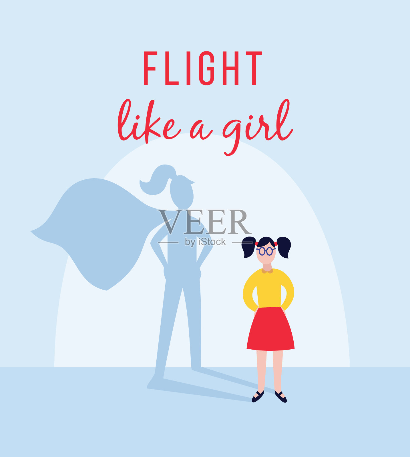 女孩或女人与超女的影子和动机铭文平面矢量插图。插画图片素材