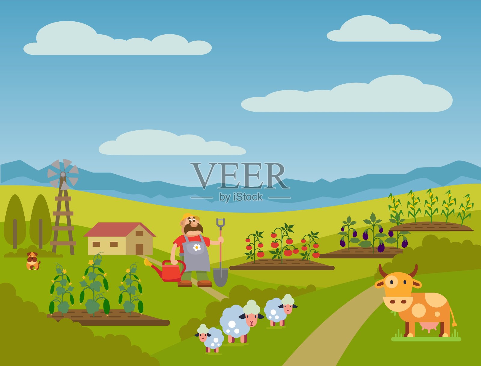 农民男子用铲子和喷壶卡通平面风格矢量插图。动物牛，羊和菜园的花坛蔬菜黄瓜，西红柿，茄子，玉米。插画图片素材