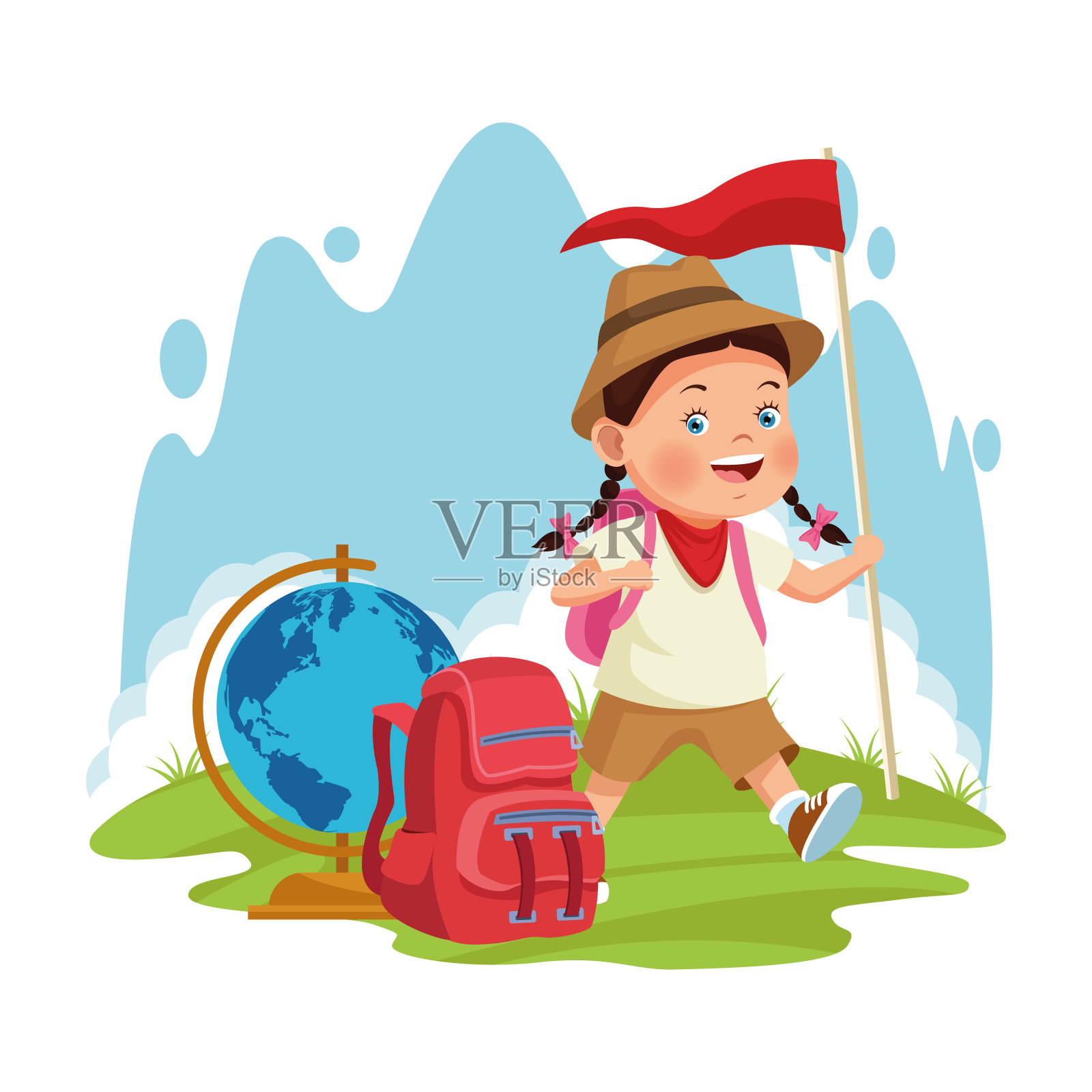 卡通探险家女孩，色彩鲜艳的设计插画图片素材