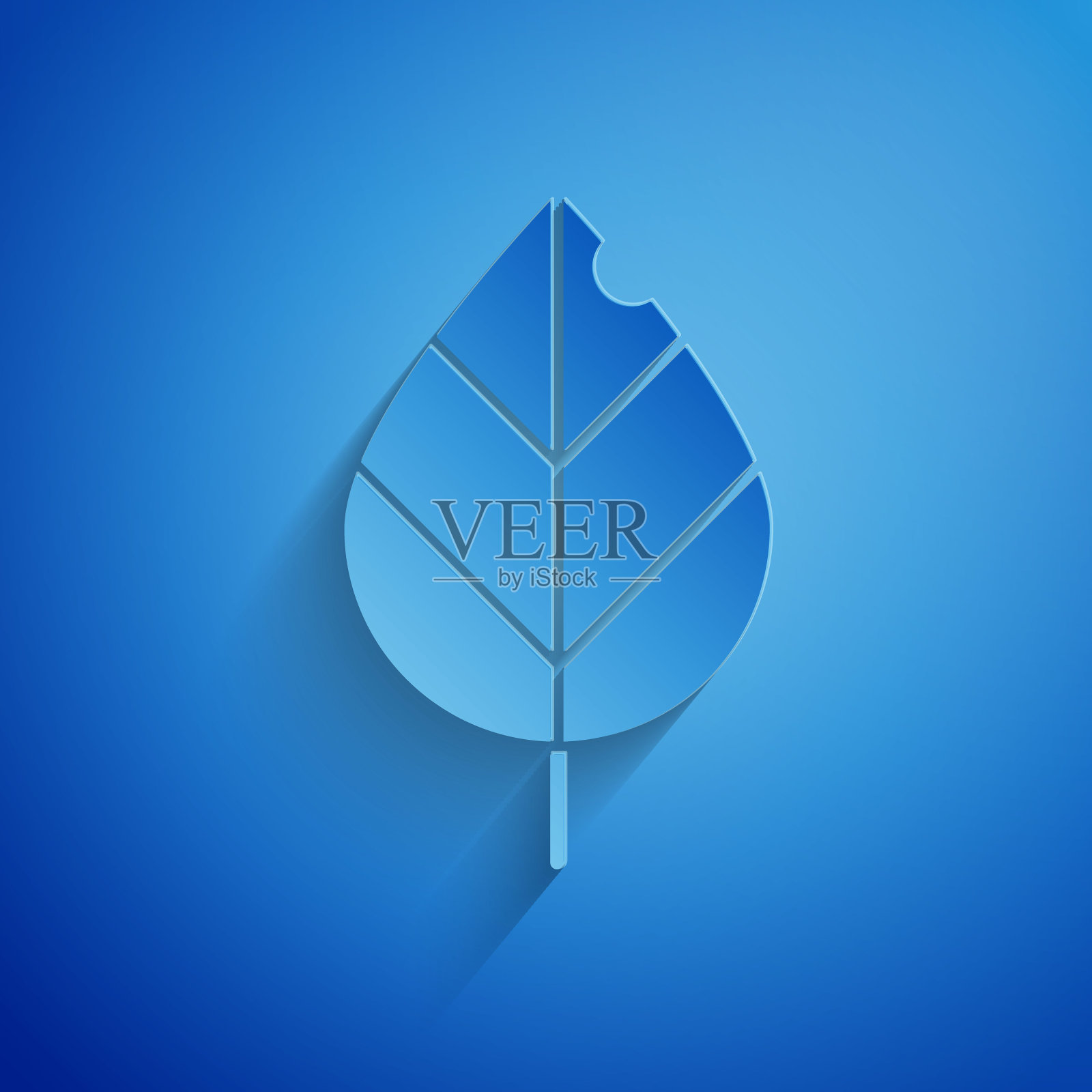 剪纸叶子图标孤立在蓝色背景。新鲜天然的产品标志。纸艺术风格。矢量图插画图片素材