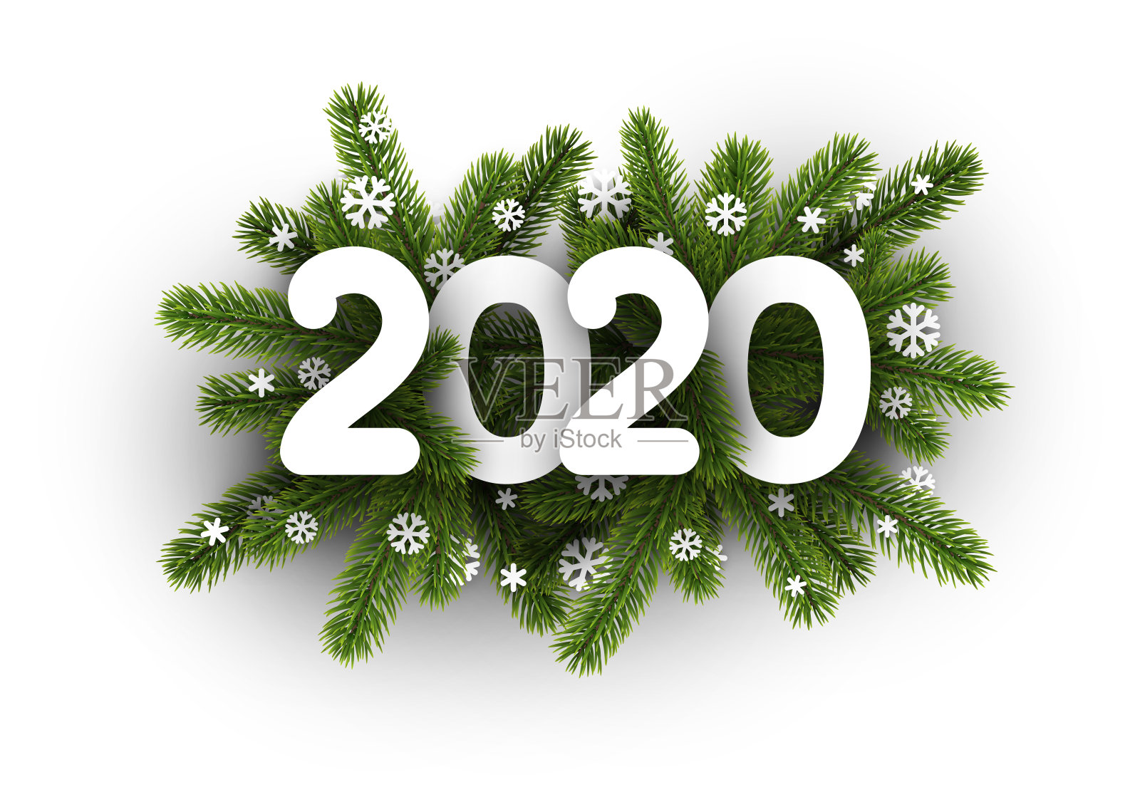 白色的2020背景与冷杉树枝和美丽的雪花。插画图片素材