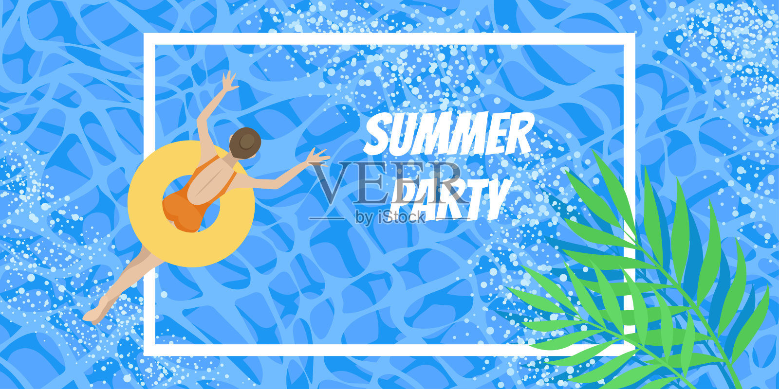 池夏日派对。人们在蓝色的水里游泳。说明背景。插画图片素材