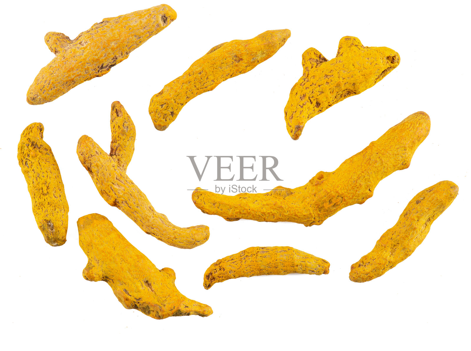 姜黄根隔离在白色背景与复制空间的文本，图像。香料和草药。包装的概念。特写,俯视图照片摄影图片