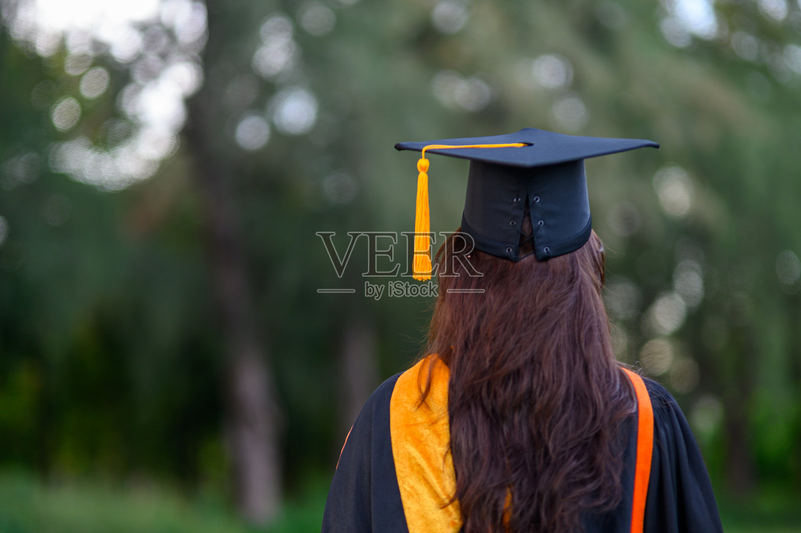 大学里的毕业生在毕业那天都穿黑色的学位袍。照片摄影图片