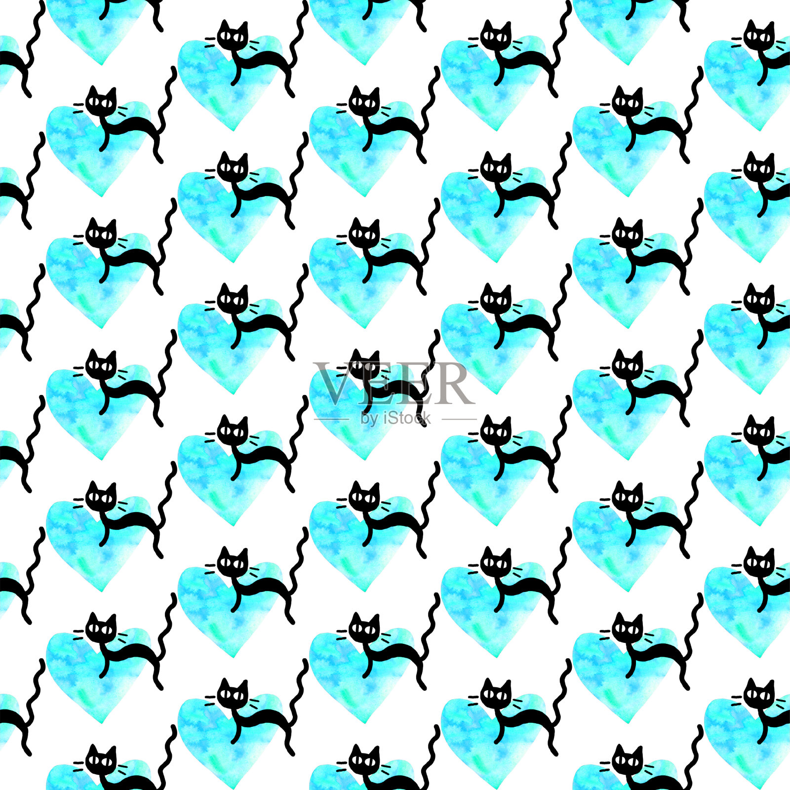 可爱的无缝图案与心和猫。浪漫的纹理背景，包装纸，包装，贺卡，印刷品，封面，织物，纺织品，生日，情人节，万圣节插画图片素材