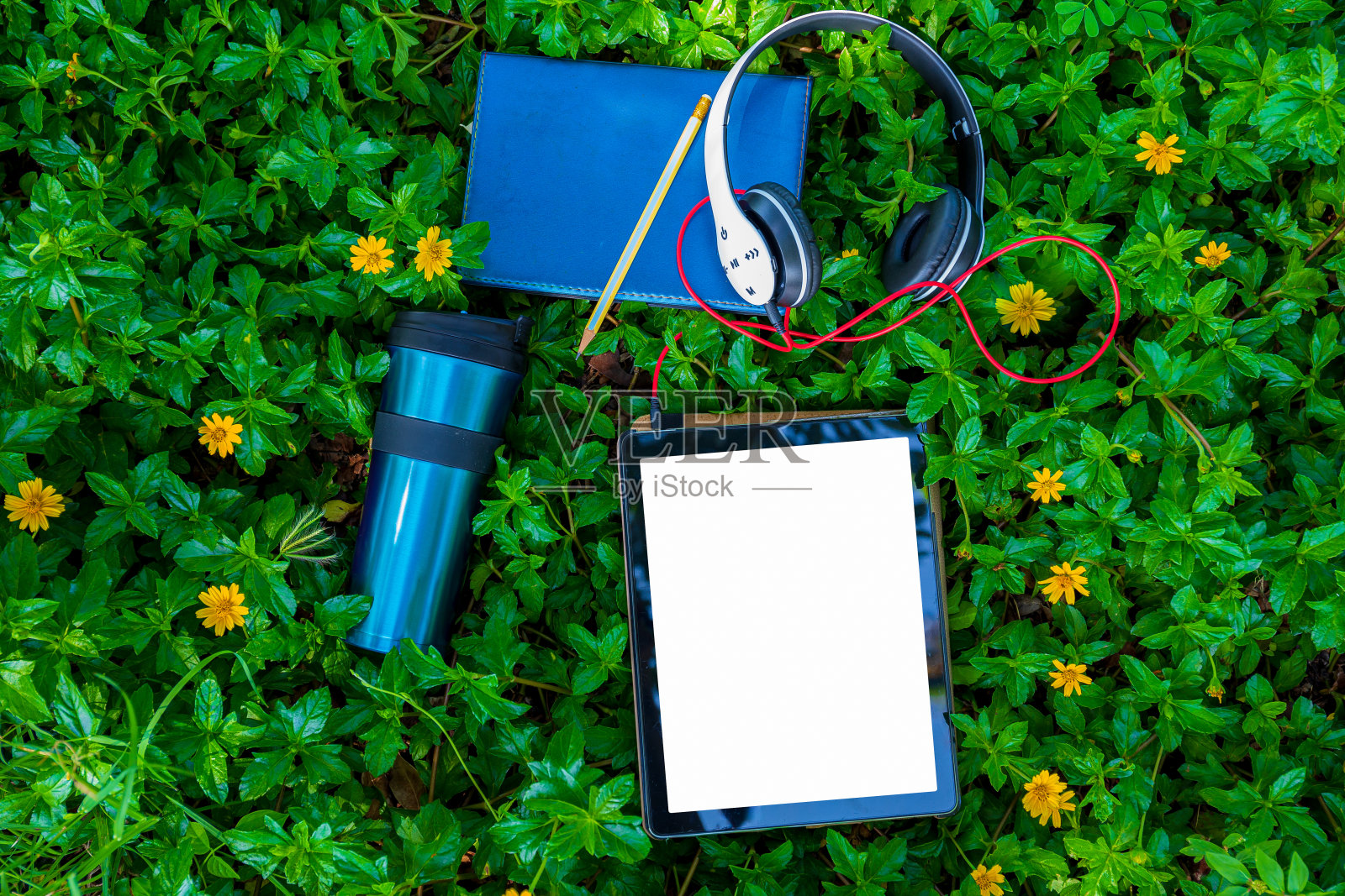 草坪绿色的草地公园与智能手机litening音乐水瓶，教育:数字平板与书籍计算器和铅笔在草地上，工作在自然:数字平板和咖啡在草地上的背景，红色耳机。(剪枝路径)，天然绿叶。照片摄影图片