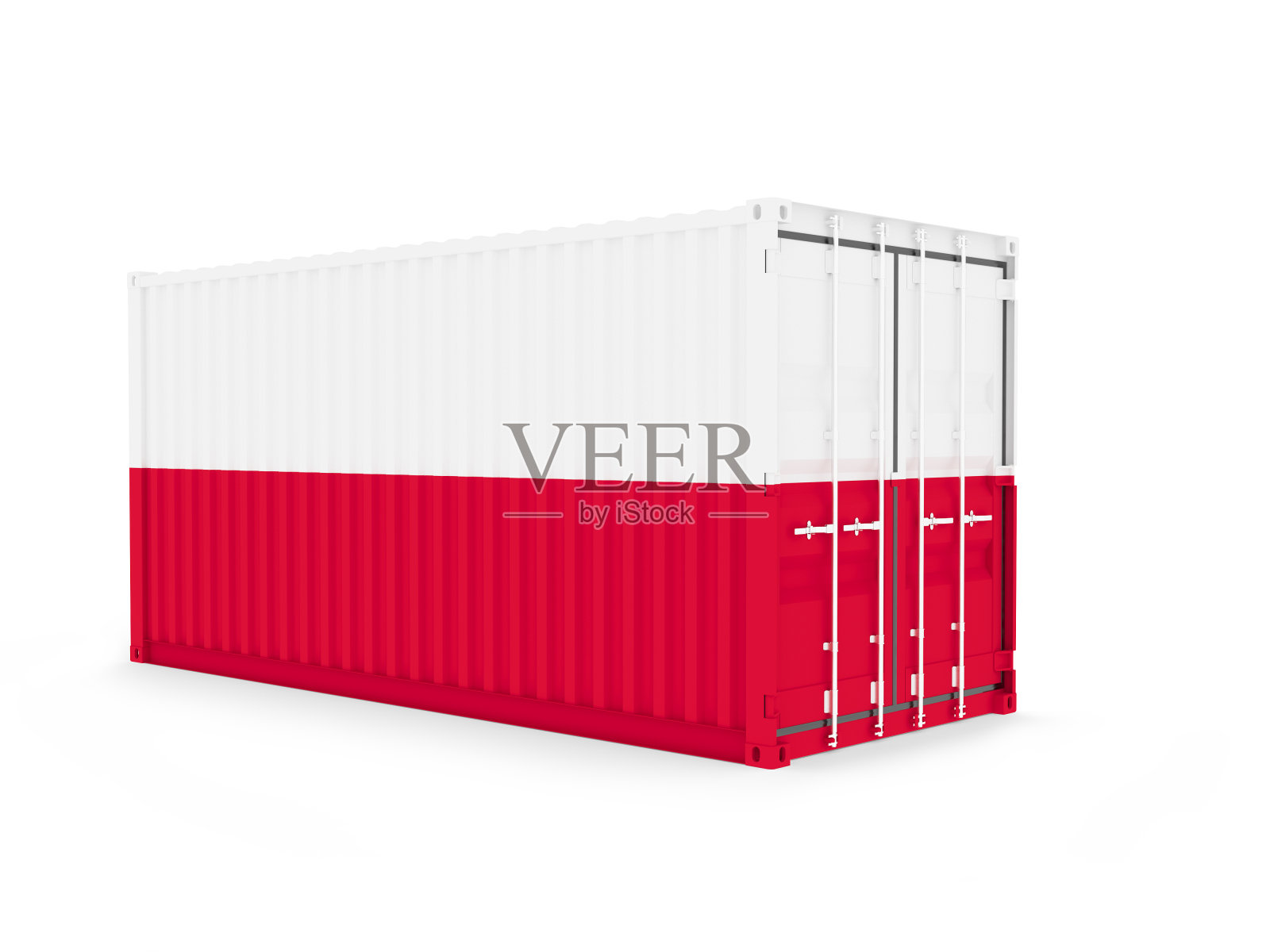 三维插图的货物集装箱与波兰国旗在白色的背景。发货、运输、海运货运。照片摄影图片