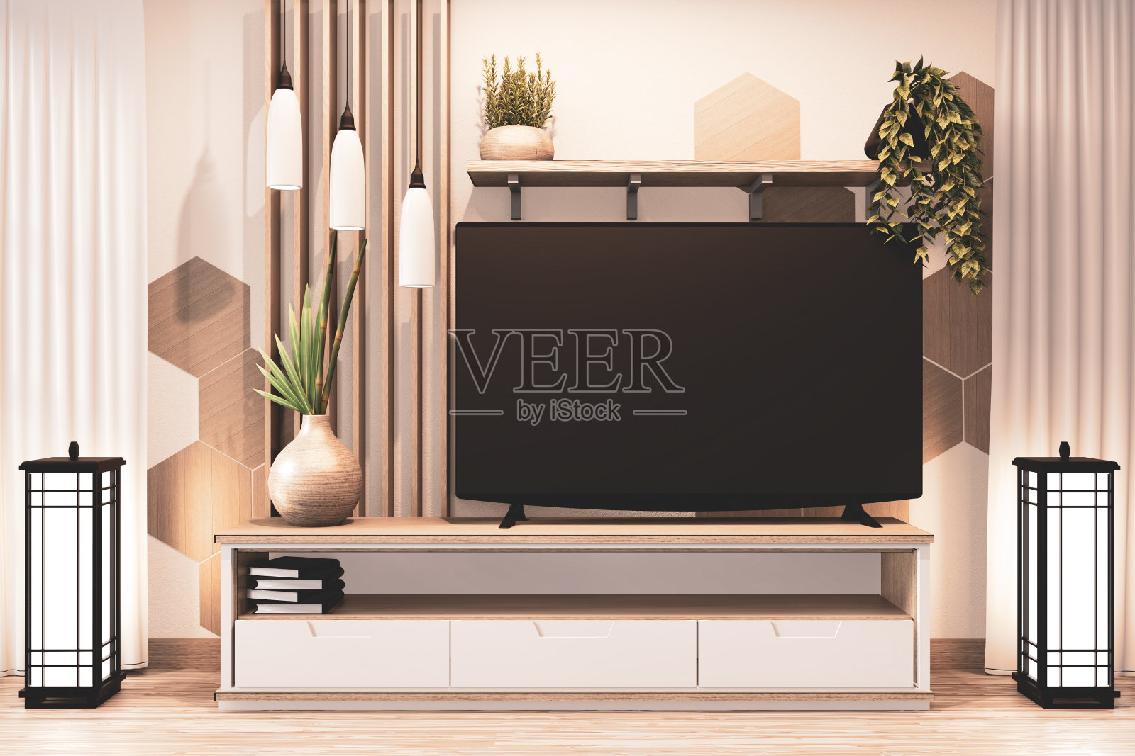 六角形瓷砖的墙壁和橱柜木日式风格的设计，最小的l.d 3d重绘照片摄影图片