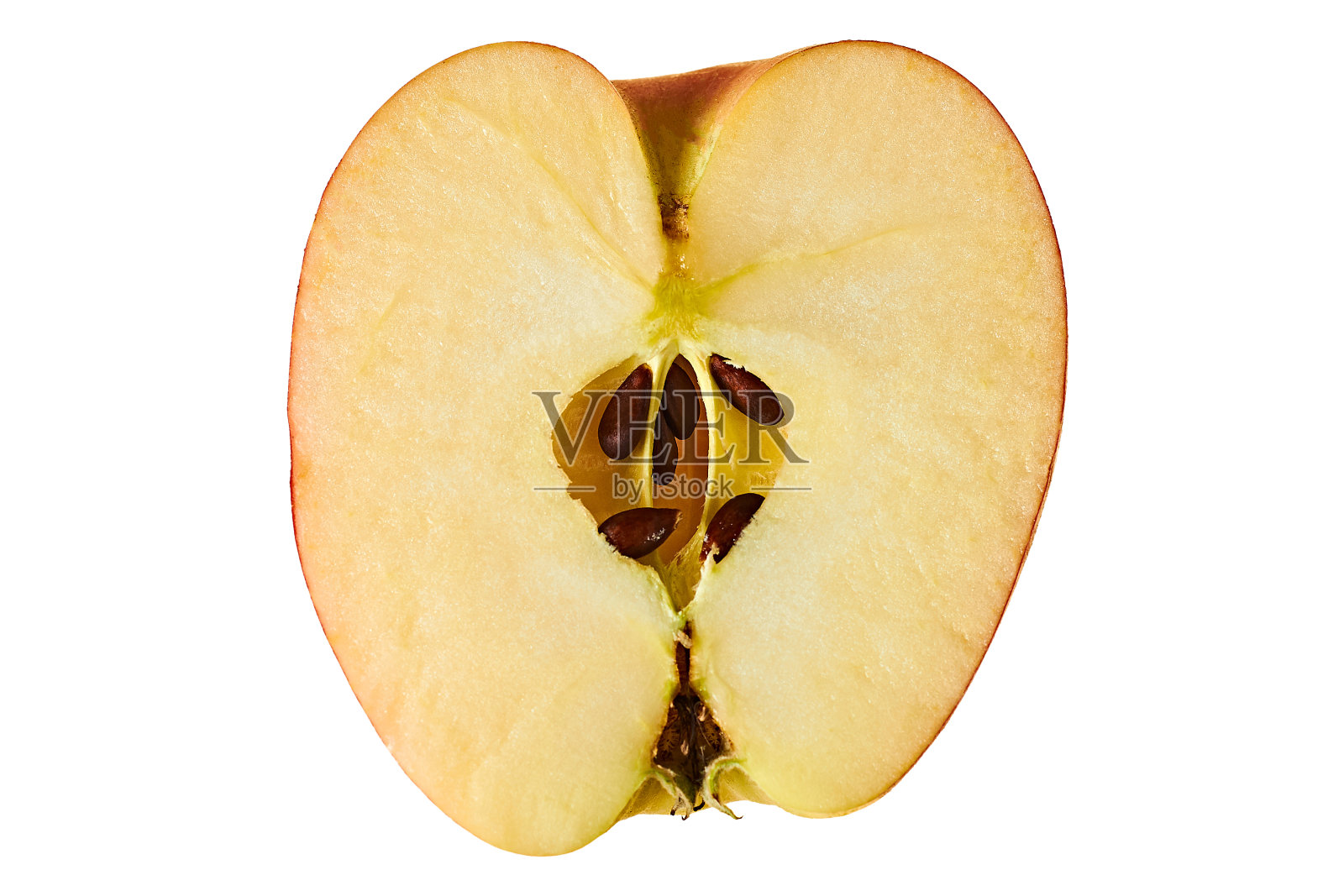 一半新鲜的红苹果孤立在白色的背景上，没有阴影。俯视图照片摄影图片