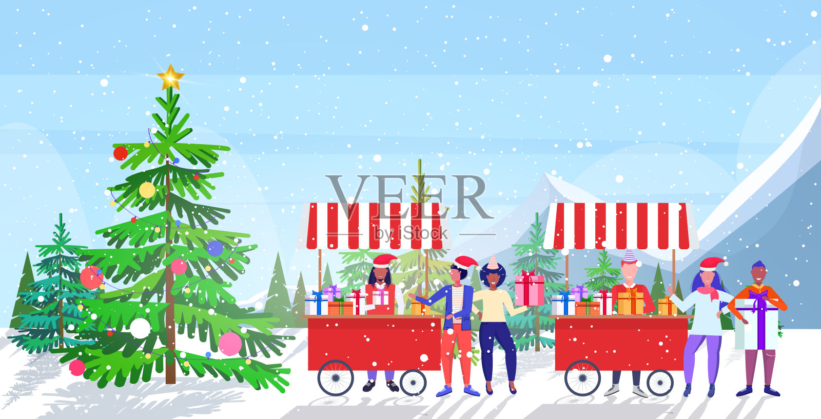 卖主在圣诞帽出售礼物盒混合赛跑人做购物和购买礼物在圣诞市场或集市冬季假期概念景观背景完整长度素描水平插画图片素材