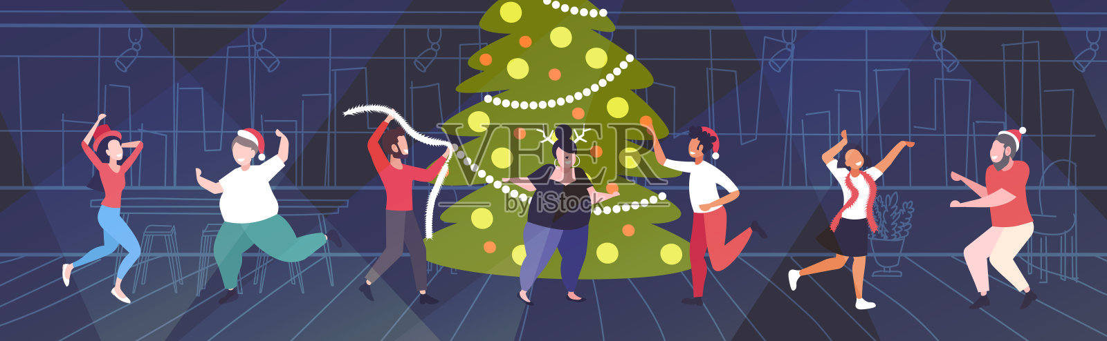 人们在圣诞树旁欢聚庆祝新年节日插画图片素材