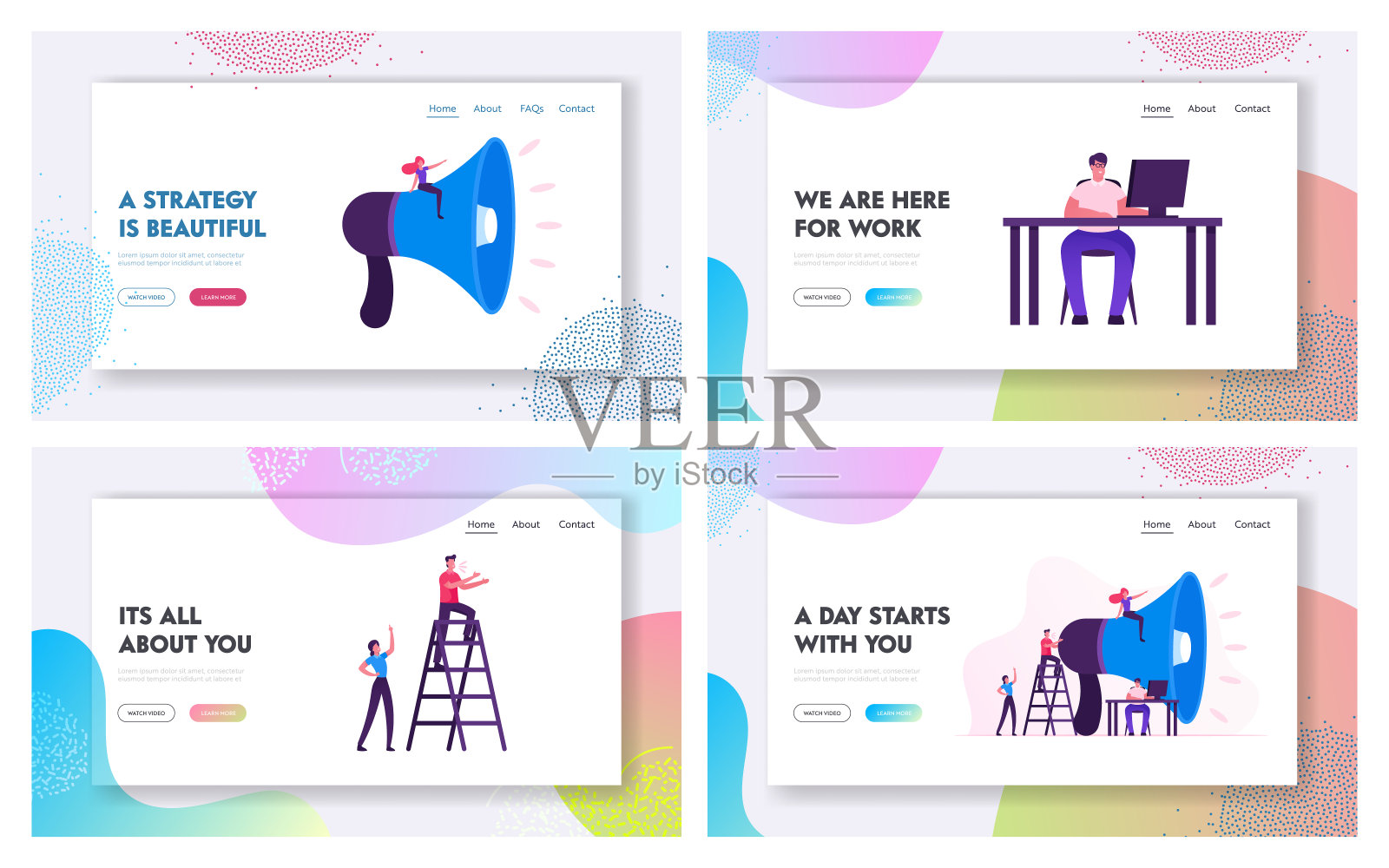 公关传播，广告营销，办公室职员网站登陆页面设置。商人对着巨大的扩音器大喊大叫。经理坐在办公桌前浏览网页横幅。卡通平面矢量插图插画图片素材