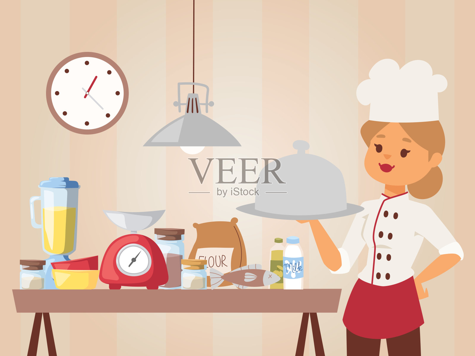 女厨师教烹饪课，矢量插图。穿着厨师制服的女孩拿着一个盛着饭菜的盘子。厨房烘焙设备，餐桌上的食物配料插画图片素材