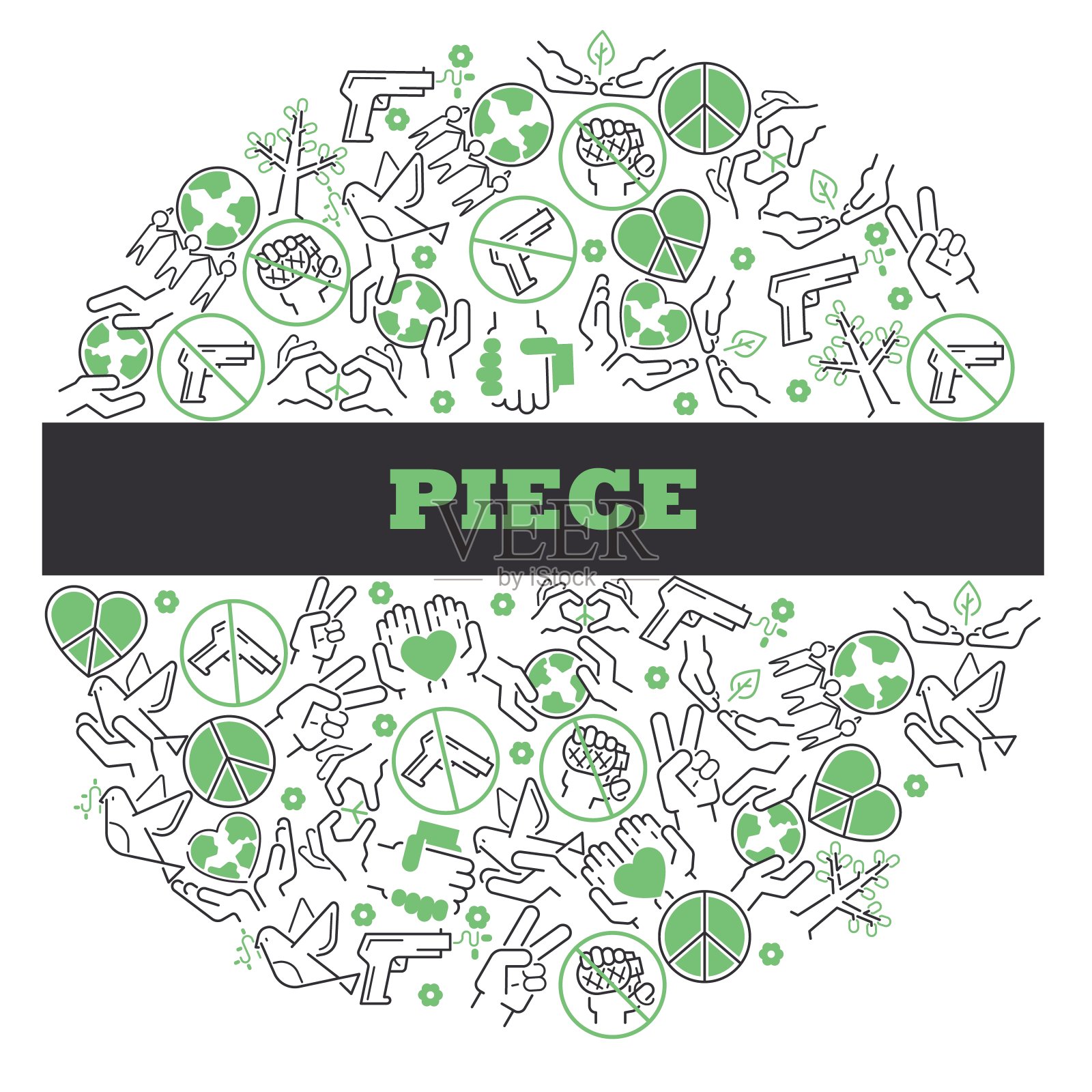 和平图标在圆形框架构成，矢量插图。细线和平主义图标，停止战争，保护地球，为和平生活。人们团结在和平的思想插画图片素材