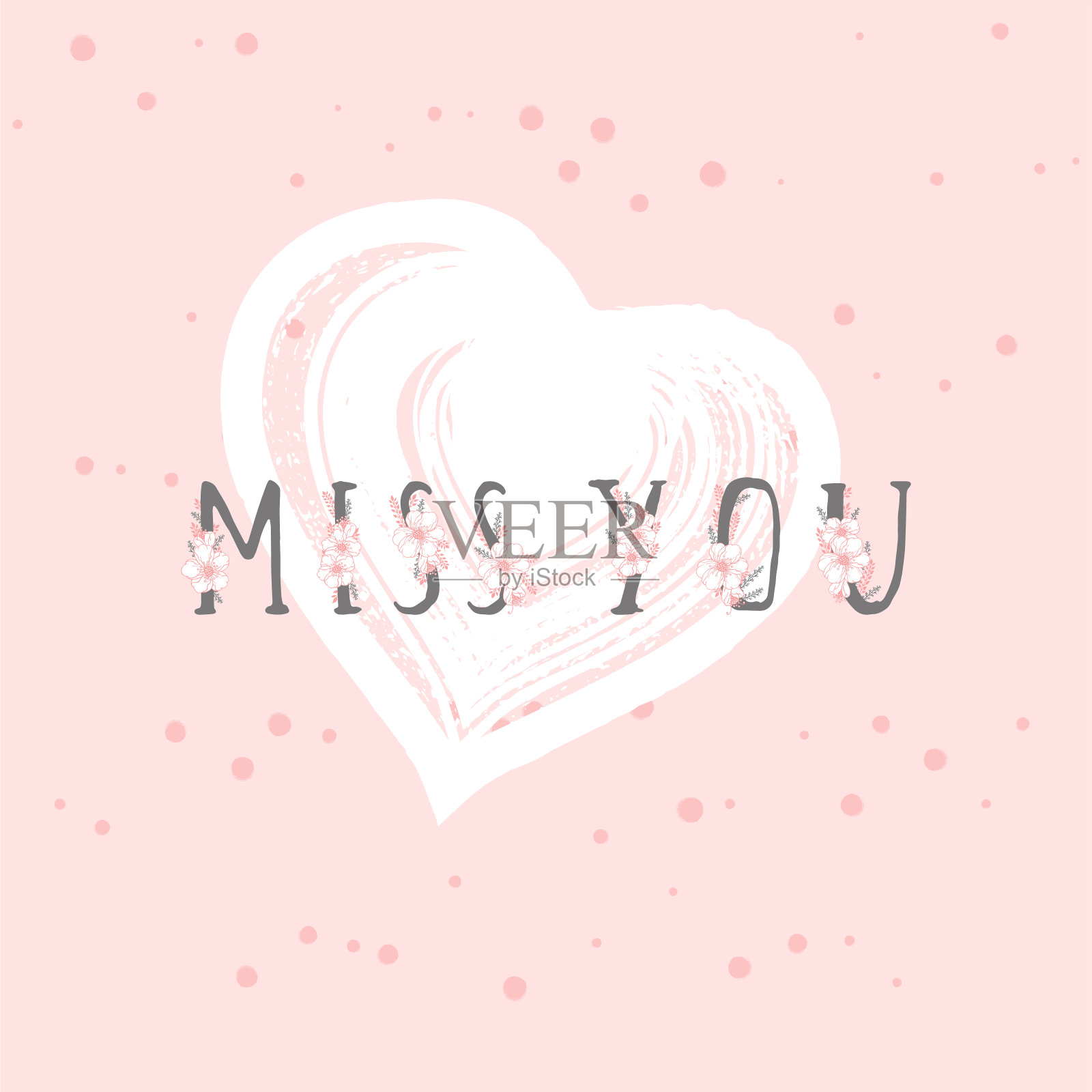 矢量插图与手绘文本想念你和grunge心在玫瑰颜色的背景。插画图片素材