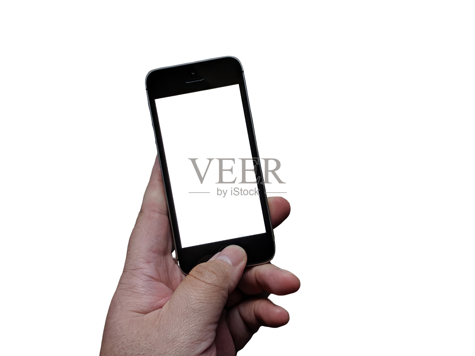 白色背景下手持智能手机的男子。照片摄影图片