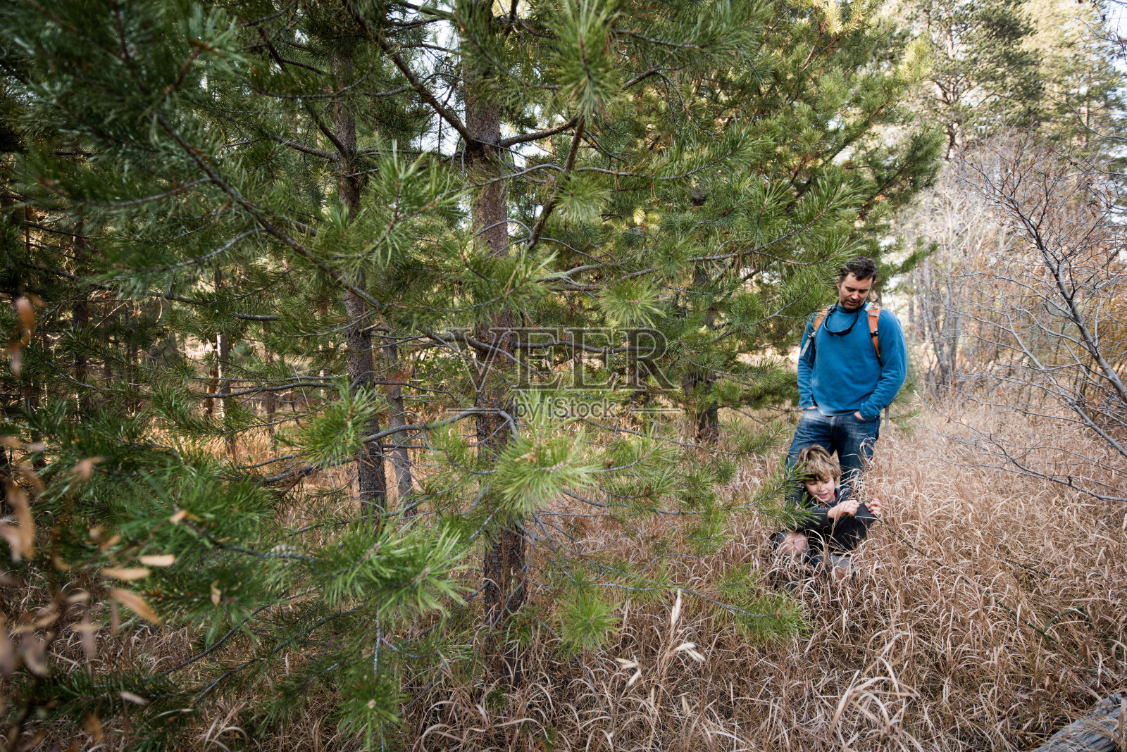 父亲和儿子在秋天冒险在河上荡秋千照片摄影图片
