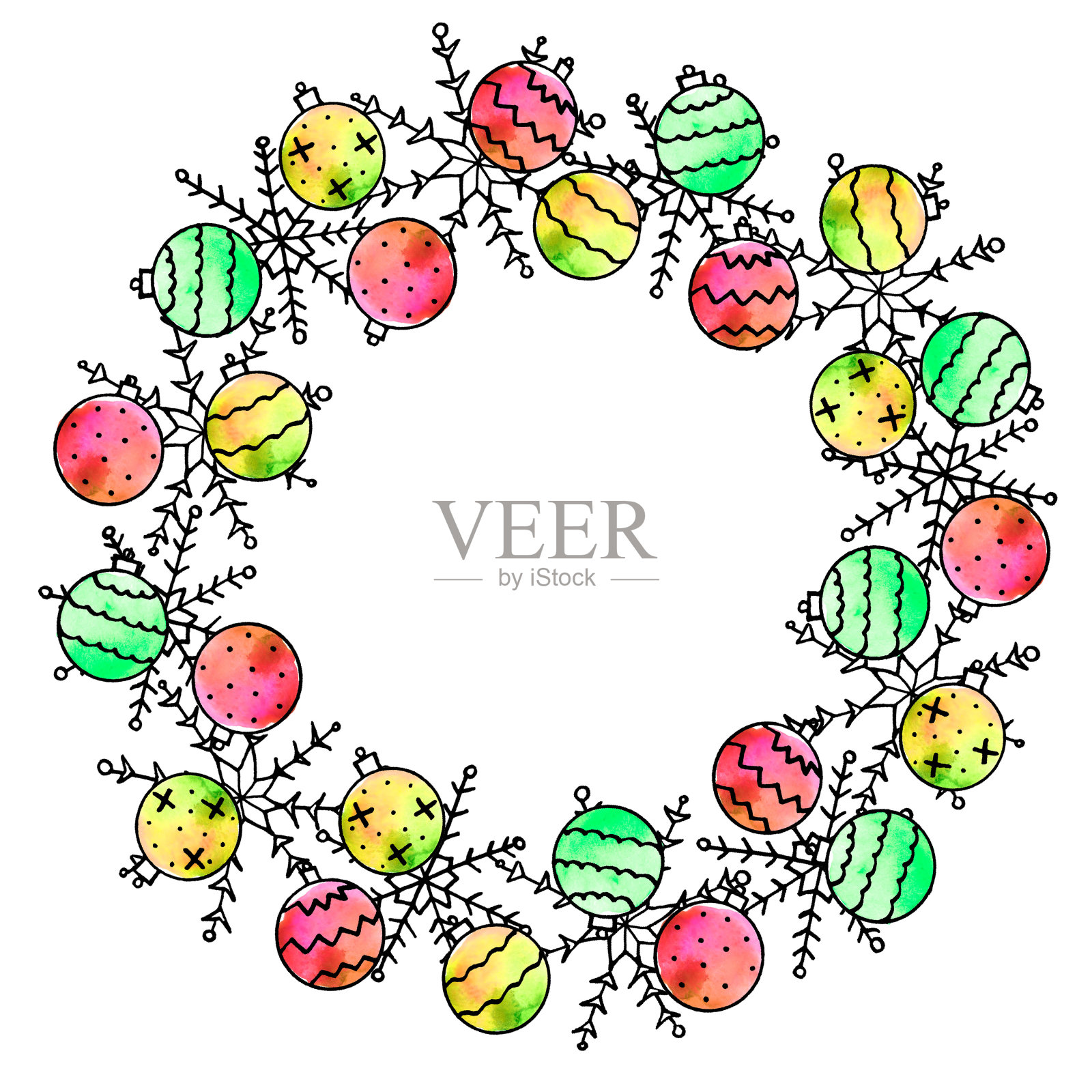 圣诞和新年简单的雪花花环。贺卡:圣诞快乐。寒假背景。涂鸦漫画插图。插画图片素材