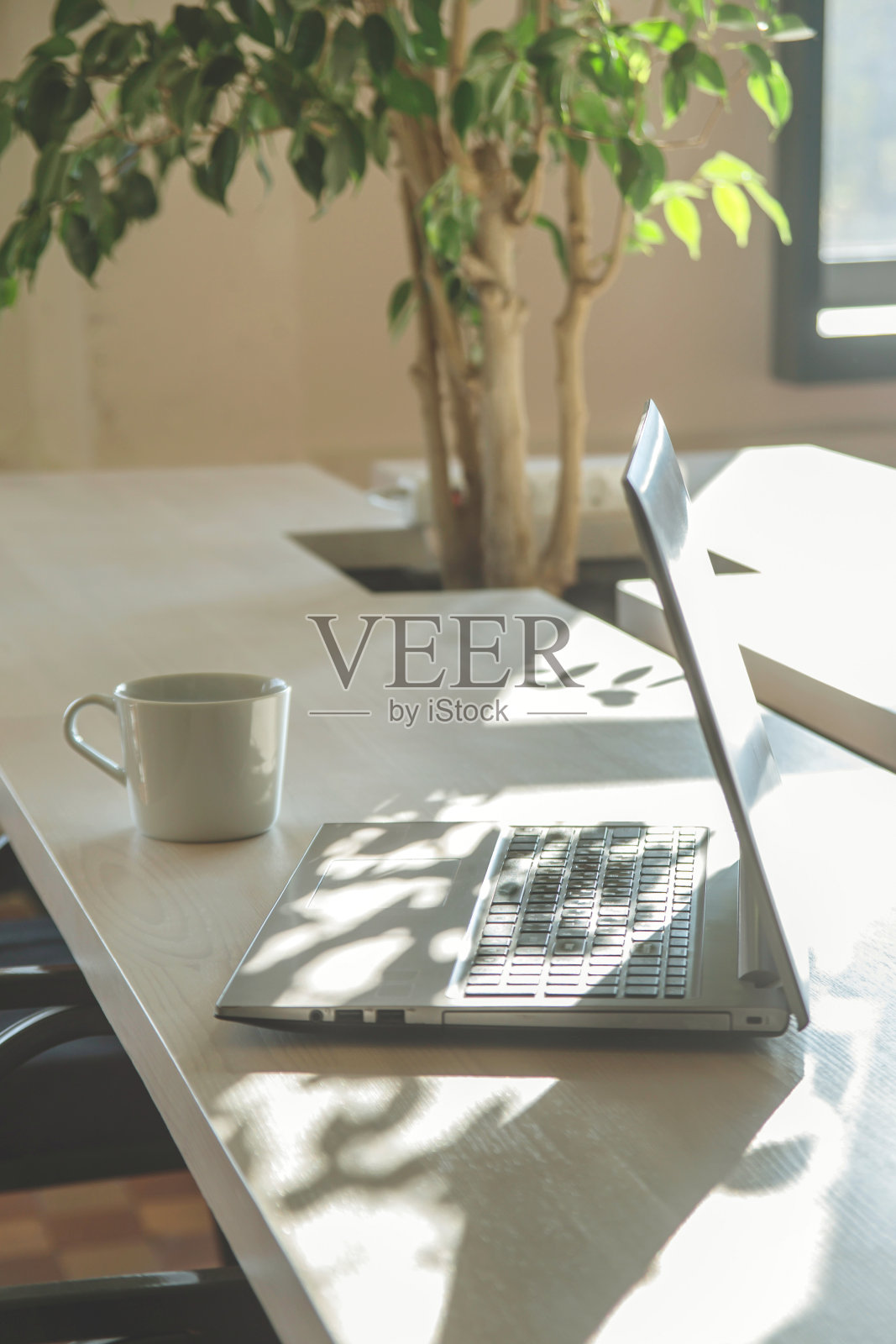 现代工作场所，笔记本电脑在阴影中。照片摄影图片