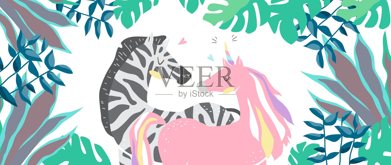 漂亮可爱的粉色独角兽和斑马。一对相爱的独角兽和斑马。孤立的形象。eps10插画图片素材