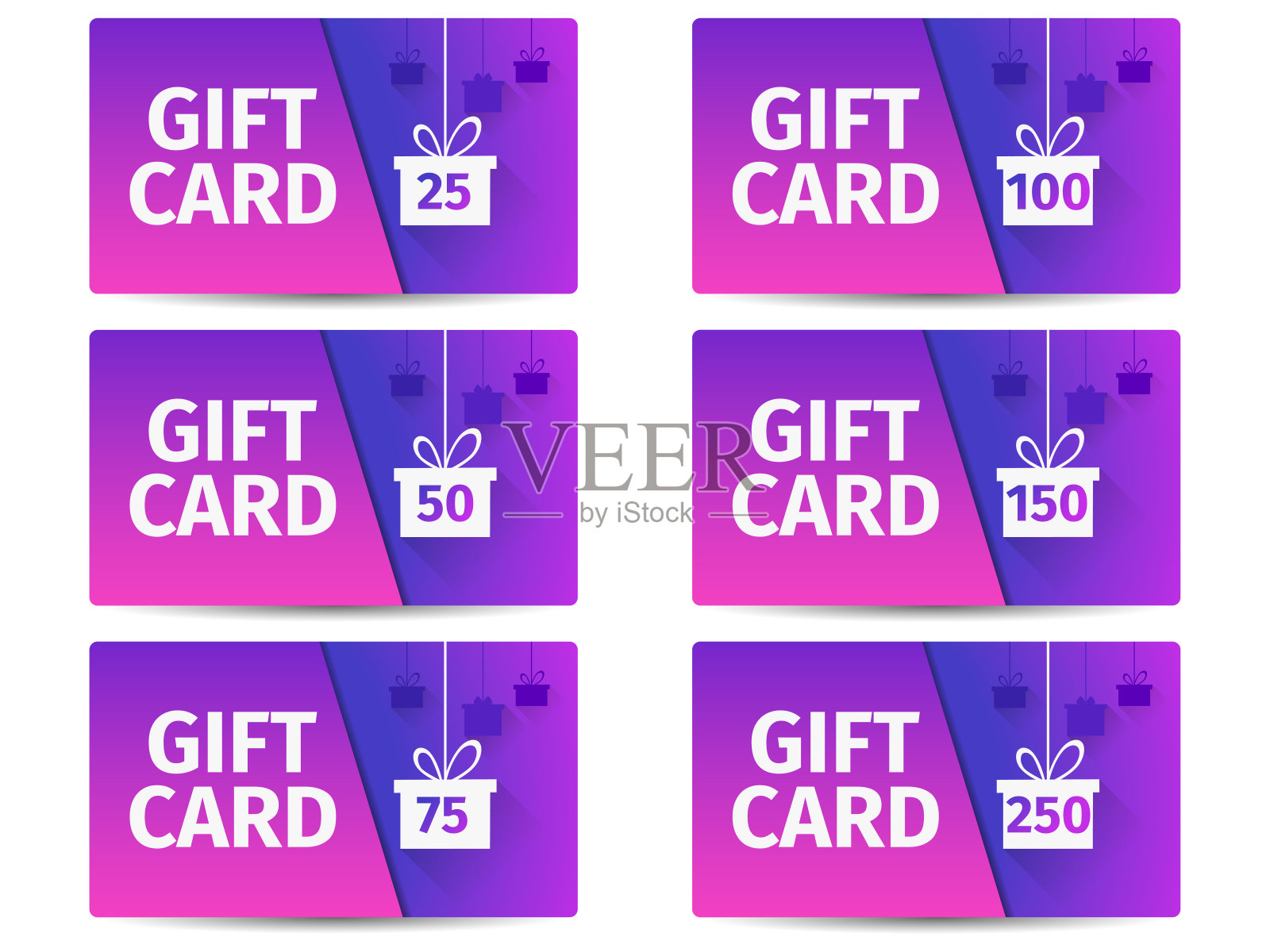 礼品卡与礼品盒套装。多层剪纸。这些卡片的价格分别是25 50 75 100 150 250。用渐变叠加图层。矢量图设计模板素材
