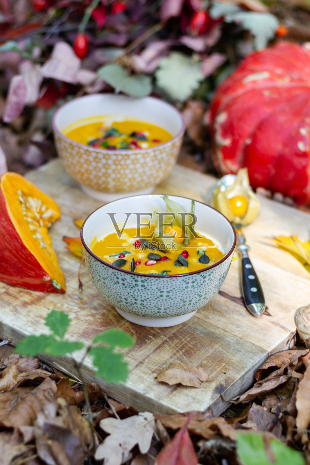 一碗南瓜奶油汤，配上南瓜子、冬樱桃和石榴粒照片摄影图片