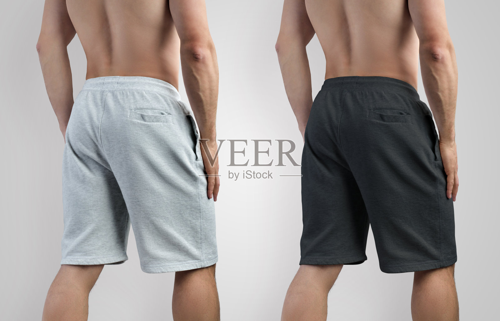模板的男性白色和黑色短裤为您的布局设计打印，背面和侧视图。照片摄影图片