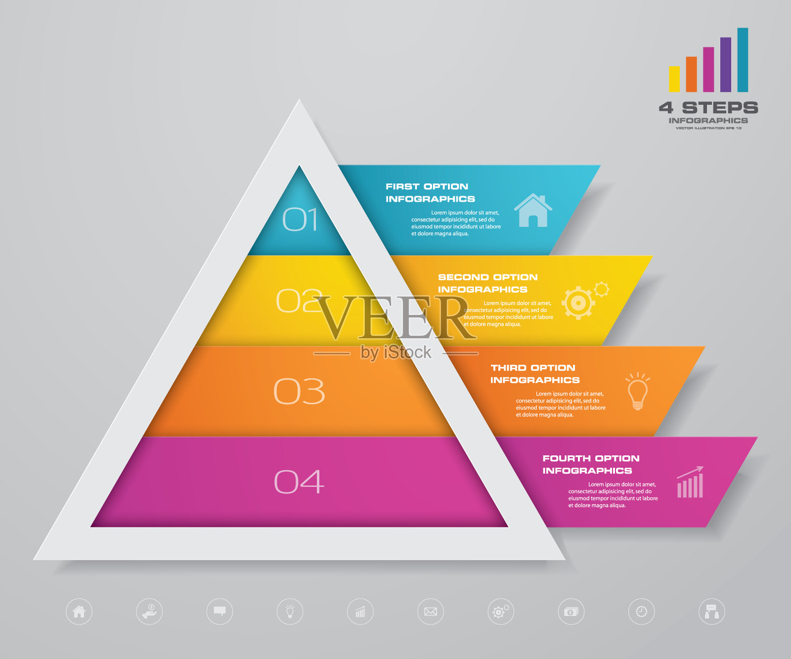 4步金字塔与自由空间的文本在每一层。信息图表、演示文稿或广告插画图片素材