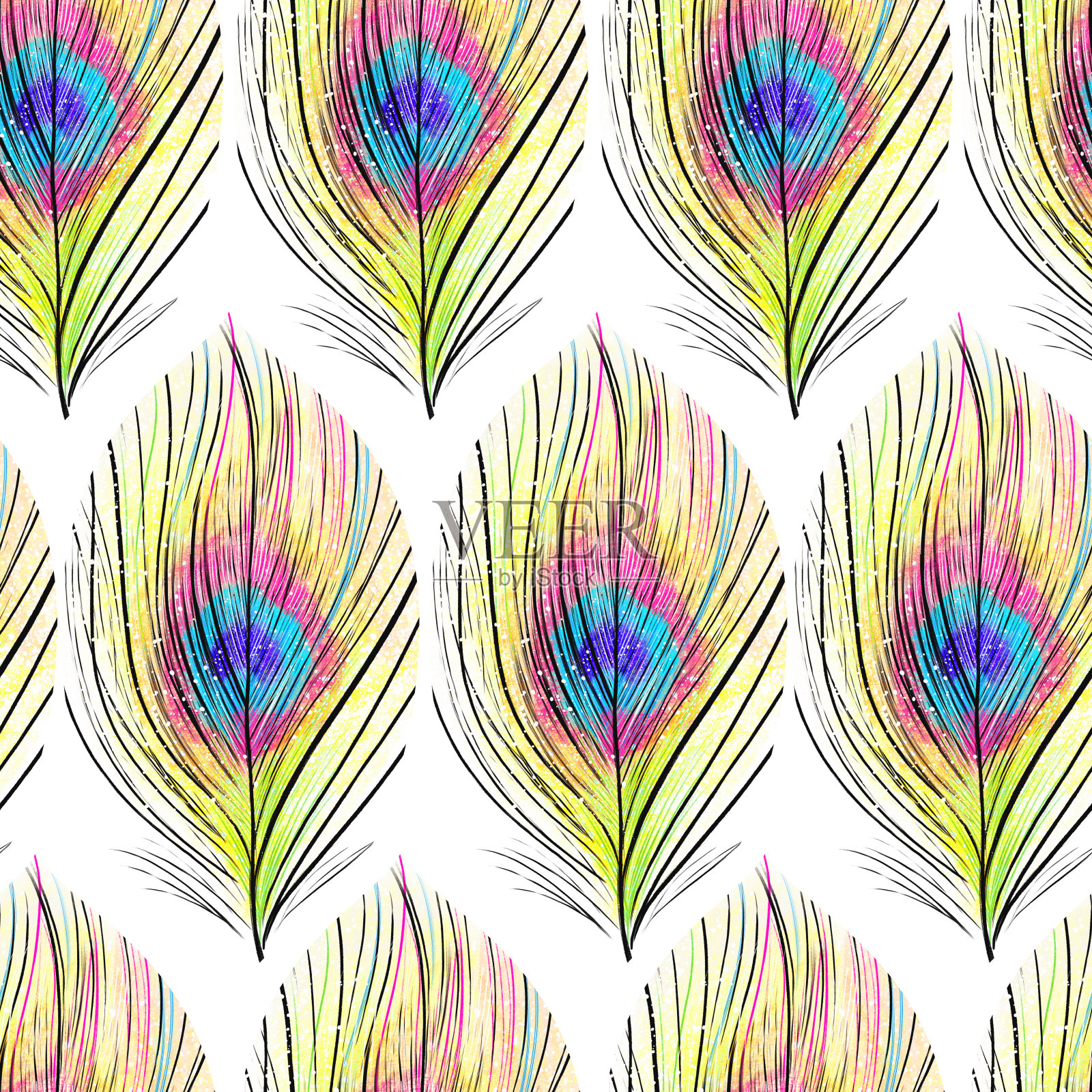 孔雀羽毛的艺术无缝图案插画图片素材