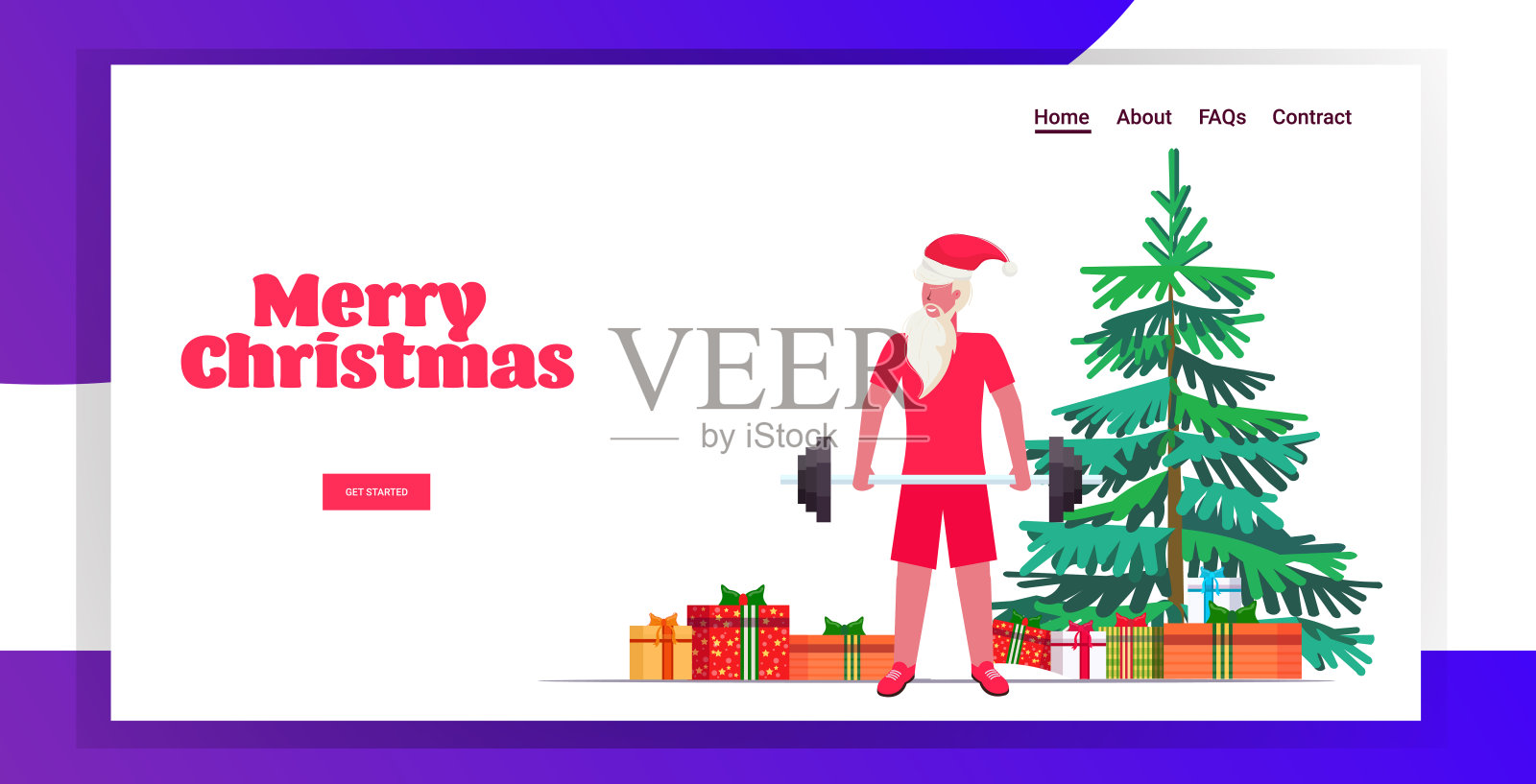 圣诞老人举起杠铃胡子男人训练锻炼健康的生活方式概念圣诞新年假期庆祝水平贺卡全长插画图片素材