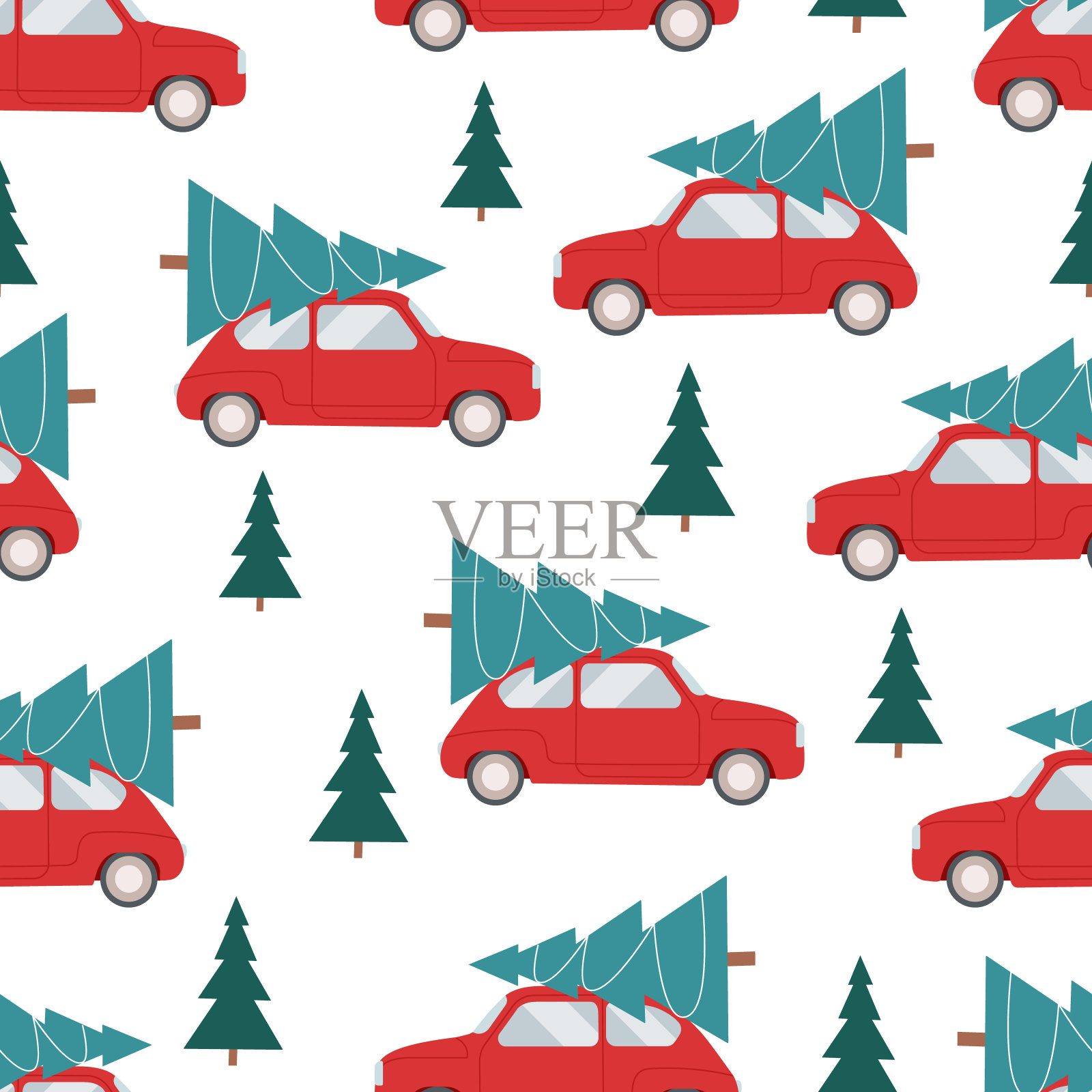 圣诞节无缝图案与红色汽车和圣诞树的屋顶。插画图片素材