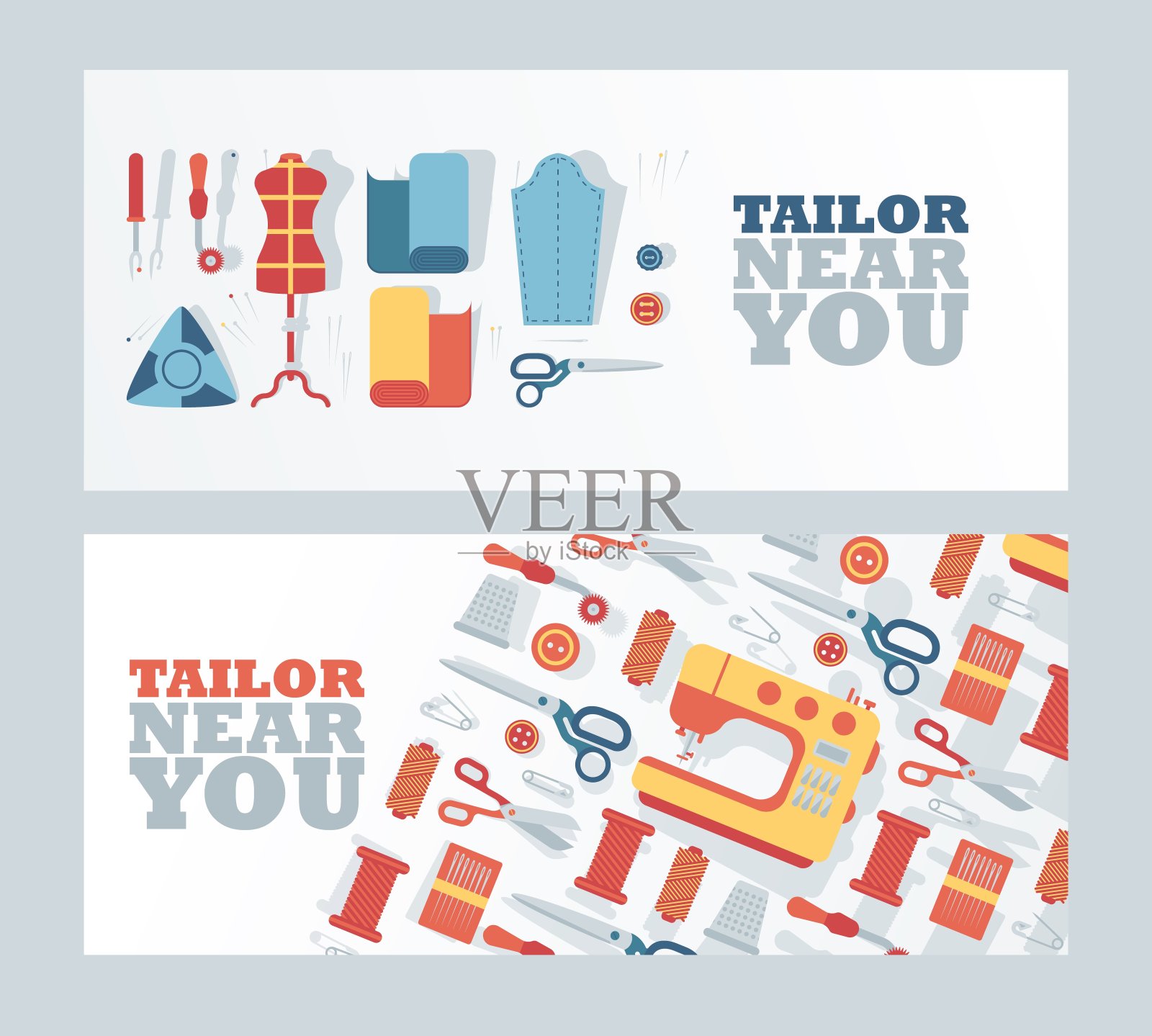 裁缝店横幅，矢量插图。工作室服装制作服务，时尚设计工作室，专业服装修补。服装制作裁剪图标在平的风格插画图片素材