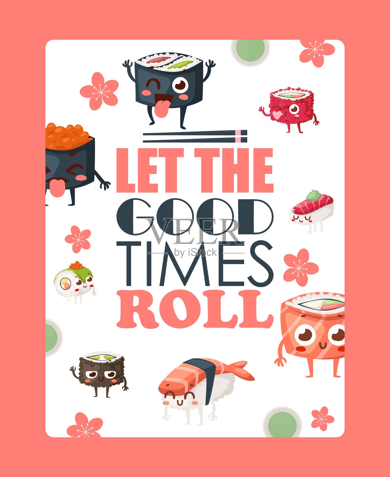 有趣的寿司海报，矢量插图。字体短语让好时光滚动。亚洲餐厅菜单封面，寿司外卖广告小册子，日本料理插画图片素材