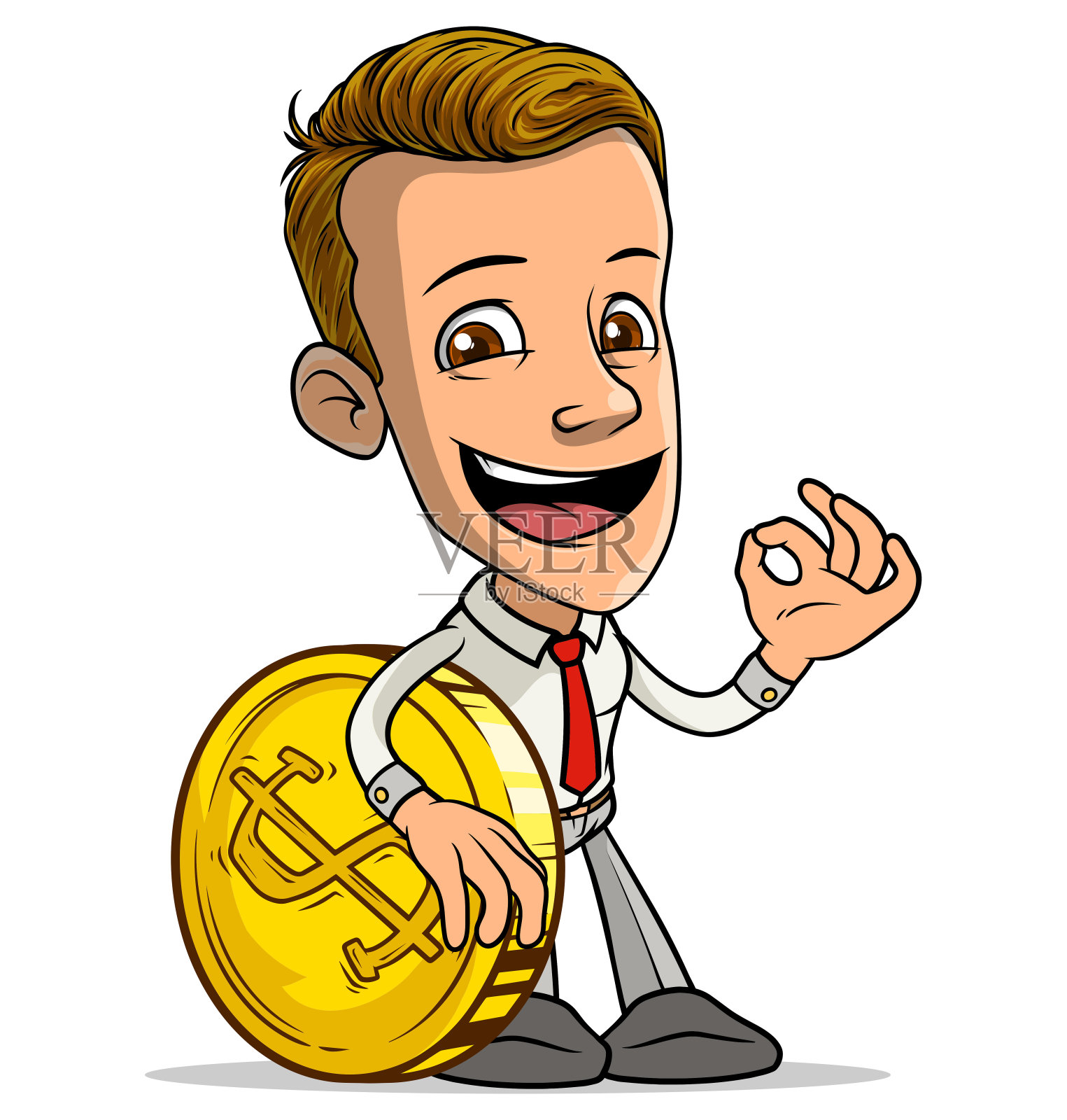 卡通微笑的男孩人物与美元硬币插画图片素材