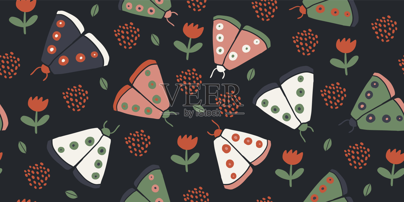 无缝花纹饰有蝴蝶蛾插画图片素材