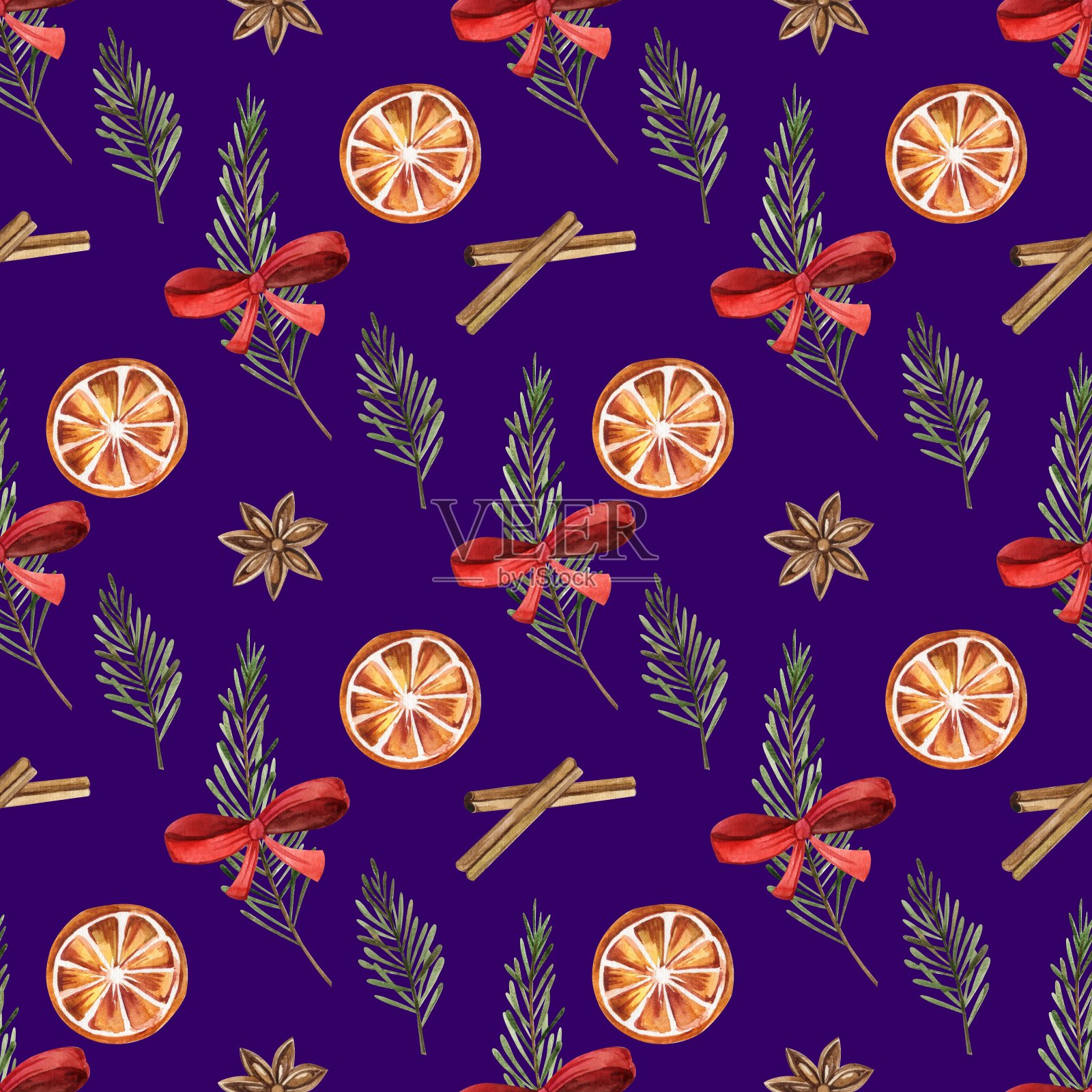 新年水彩图案有姜饼、橘子、肉桂和树枝。插画图片素材