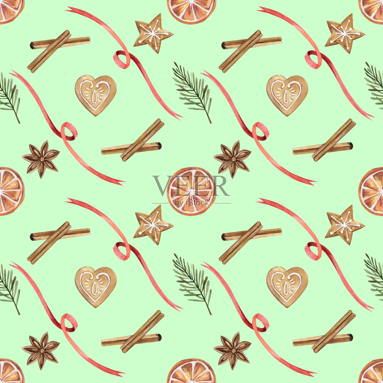 新年水彩图案有姜饼、橘子、肉桂和树枝。插画图片素材