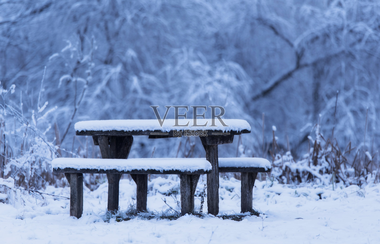 木凳，冬天的一天在雪地里照片摄影图片